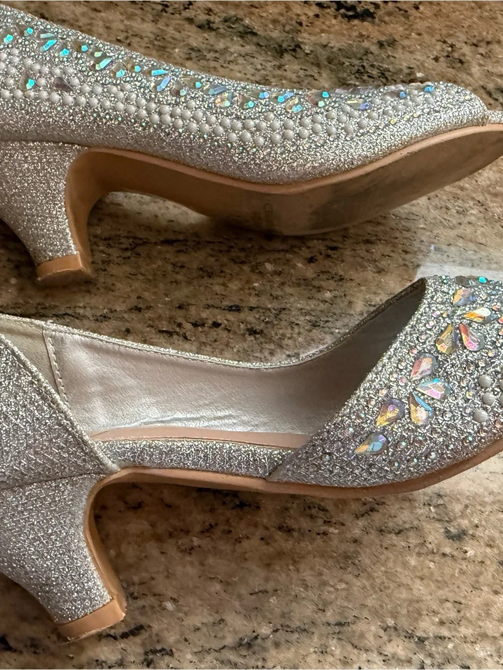 Girls' Fancy Silver Sparkle Rhinestone Embellished Open-Toe Dress Heels | Size 1